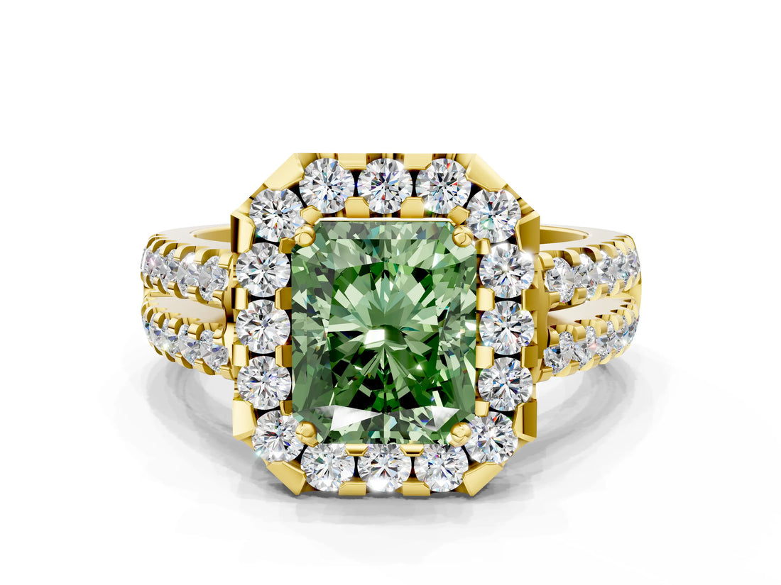 Yellow gold Fancy Green Radiant  Halo Diamond Split Shank Engagement Ring with Prong Setting_53