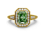 Yellow gold Fancy Green Radiant  Halo Diamond Split Shank Ring with Milgrain Detail_48