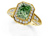 Yellow gold Fancy Green Radiant  Halo Diamond Split Shank Ring with Milgrain Detail_49