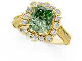 Yellow gold Fancy Green Radiant  Halo Milgrain Pave Diamond Ring with Four-Prong Setting 1