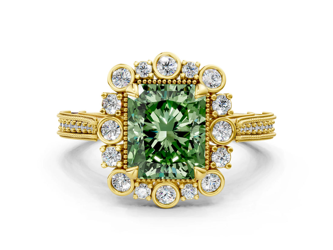 Yellow gold Fancy Green Radiant  Halo Milgrain Pave Diamond Ring with Four-Prong Setting