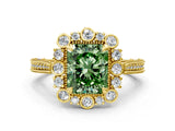 Yellow gold Fancy Green Radiant  Halo Milgrain Pave Diamond Ring with Four-Prong Setting