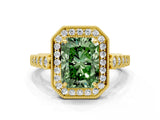 Yellow gold Fancy Green Radiant  Halo Milgrain Solitaire with Bezel Set Side Stones and Pave Band_37