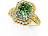 Yellow gold Fancy Green Radiant  Halo Milgrain Solitaire with Bezel Set Side Stones and Pave Band_38