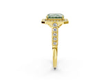 Yellow gold Fancy Green Radiant  Halo Milgrain Solitaire with Bezel Set Side Stones and Pave Band_39