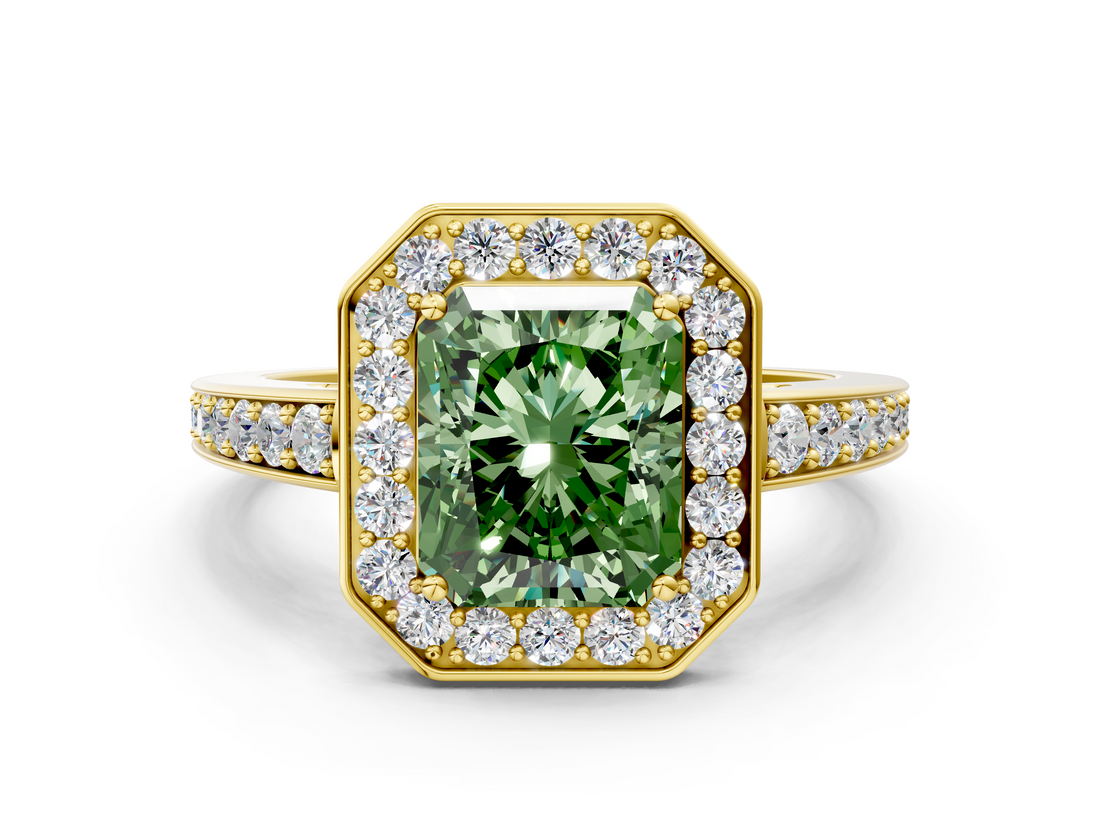 Yellow gold Fancy Green Radiant  Halo Pavé Diamond Engagement Ring with Bezel Setting_19
