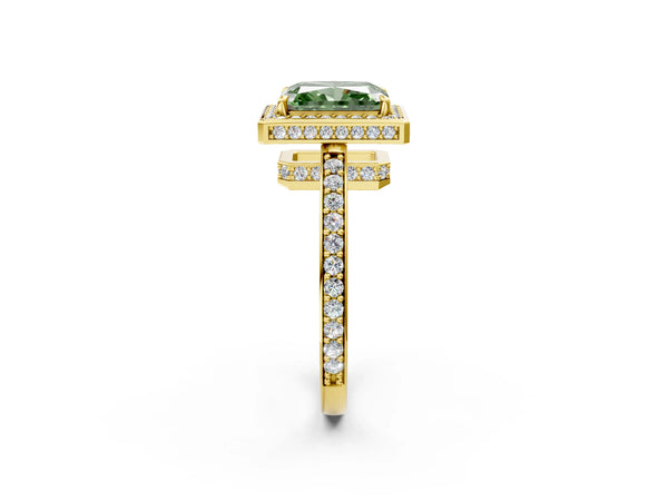 Yellow gold Fancy Green Radiant  Halo Pave Band Solitaire Ring with Prong Setting