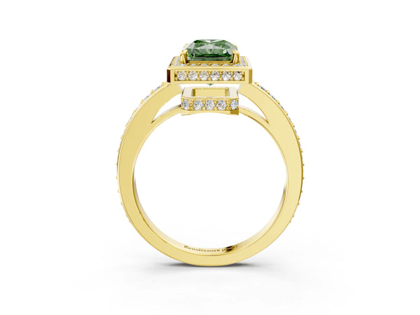 Yellow gold Fancy Green Radiant  Halo Pave Band Solitaire Ring with Prong Setting