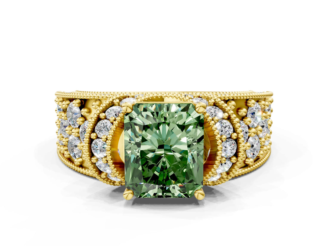 Yellow gold Fancy Green Radiant  Halo Pave Diamond Engagement Ring with Milgrain Detailing_49
