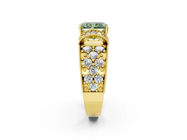 Yellow gold Fancy Green Radiant  Halo Pave Diamond Engagement Ring with Milgrain Detailing