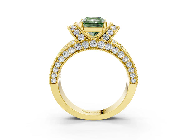 Yellow gold Fancy Green Radiant  Halo Pave Diamond Engagement Ring with Milgrain Detailing