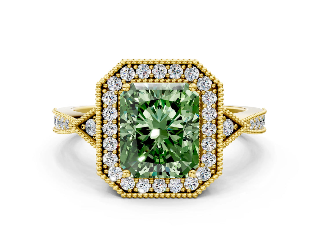 Yellow gold Fancy Green Radiant  Halo Round Diamond Milgrain Pave Engagement Ring_3