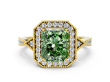 Yellow gold Fancy Green Radiant  Halo Round Diamond Milgrain Pave Engagement Ring_3