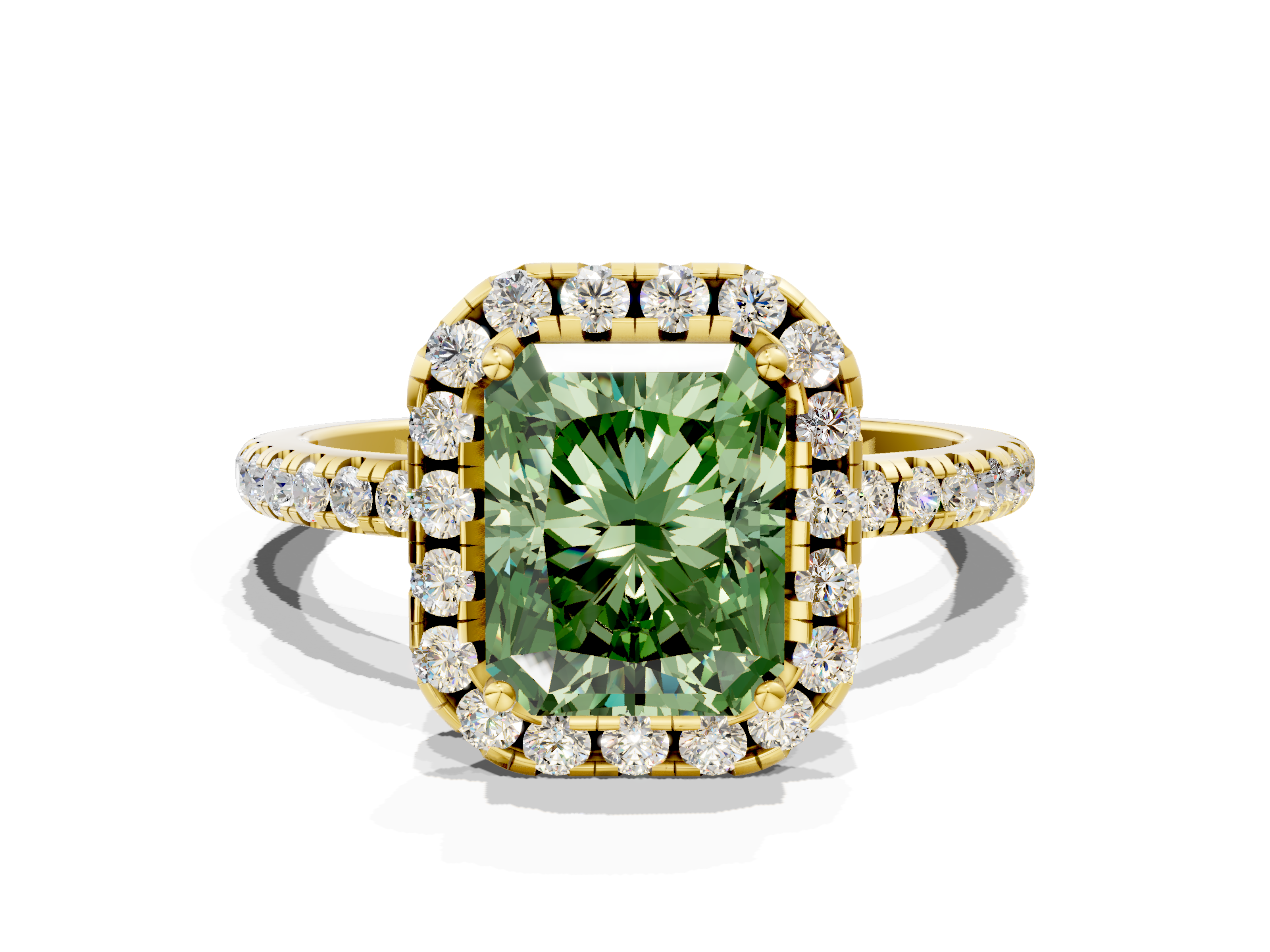 Yellow gold Fancy Green Radiant Halo Round Diamond Pavé Band Four-Pron