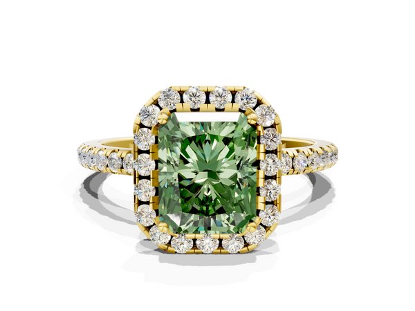 Yellow gold Fancy Green Radiant  Halo Round Diamond Pavé Band Four-Prong Ring