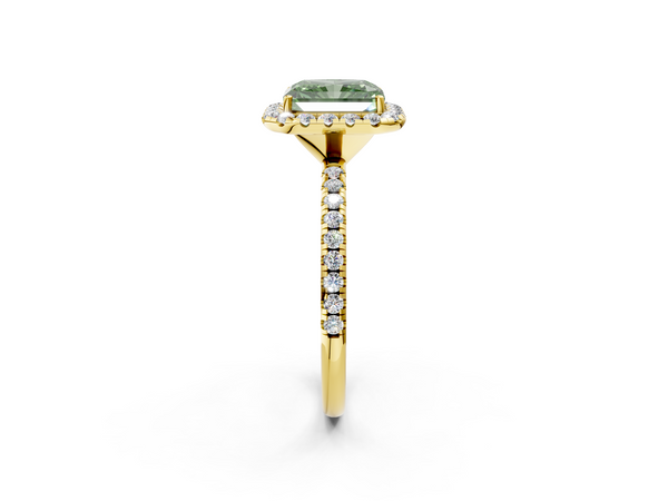Yellow gold Fancy Green Radiant  Halo Round Diamond Pavé Band Four-Prong Ring