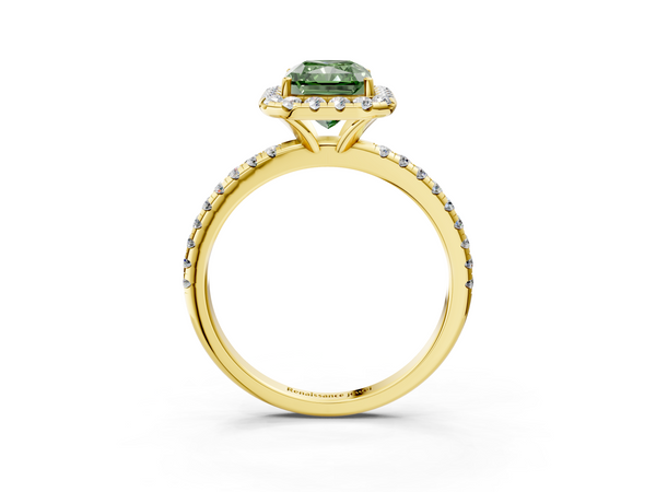 Yellow gold Fancy Green Radiant  Halo Round Diamond Pavé Band Four-Prong Ring