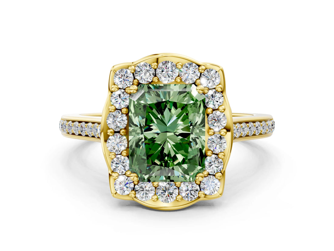 Yellow gold Fancy Green Radiant  Halo Round Diamond Pave Band with Four-Prong Setting_38