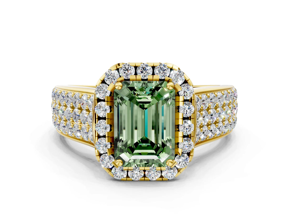 Yellow gold Fancy Green Radiant  Halo Round Diamond Pave Band with Prong Setting