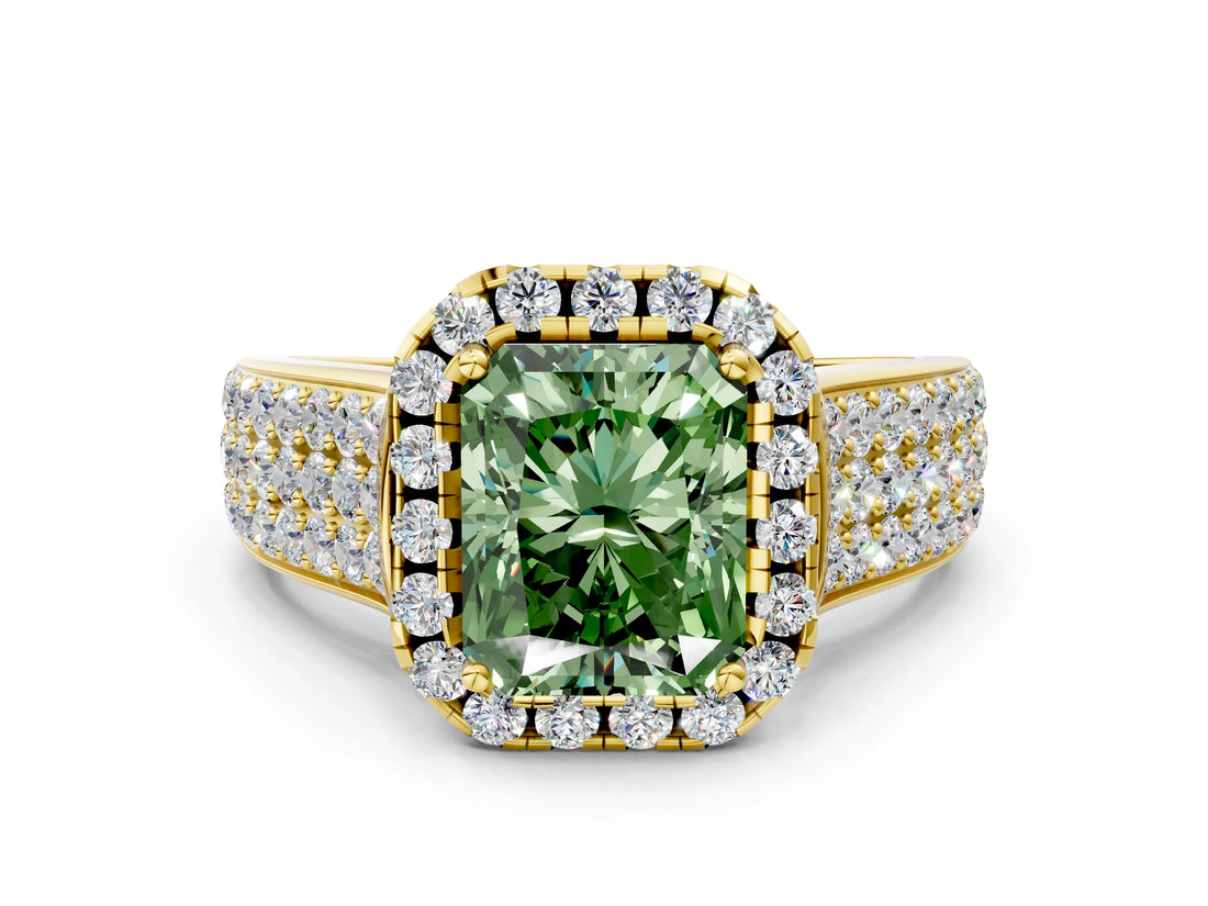 Yellow gold Fancy Green Radiant  Halo Round Diamond Pave Band with Prong Setting_38