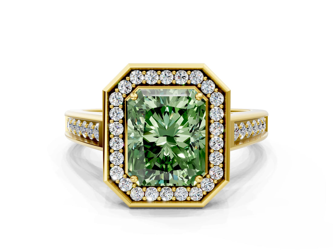 Yellow gold Fancy Green Radiant  Halo Solitaire Diamond Ring with Pave Band and Bezel Setting_49