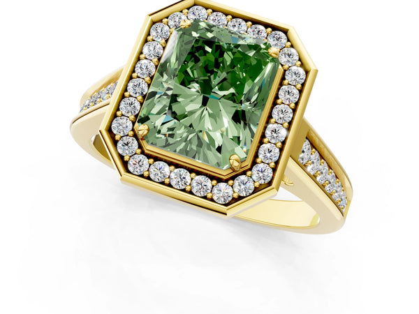 Yellow gold Fancy Green Radiant  Halo Solitaire Diamond Ring with Pave Band and Bezel Setting