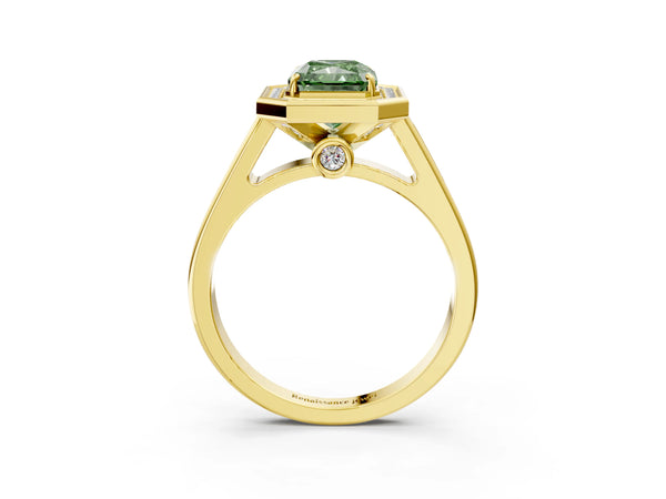 Yellow gold Fancy Green Radiant  Halo Solitaire Diamond Ring with Pave Band and Bezel Setting