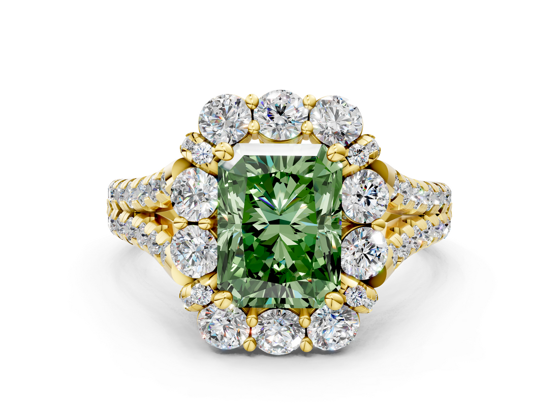 Yellow gold Fancy Green Radiant  Halo Split Shank Diamond Engagement Ring with Pave Band and Four-Prong Setting_70