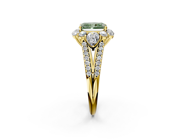 Yellow gold Fancy Green Radiant  Halo Split Shank Diamond Engagement Ring with Prong Setting
