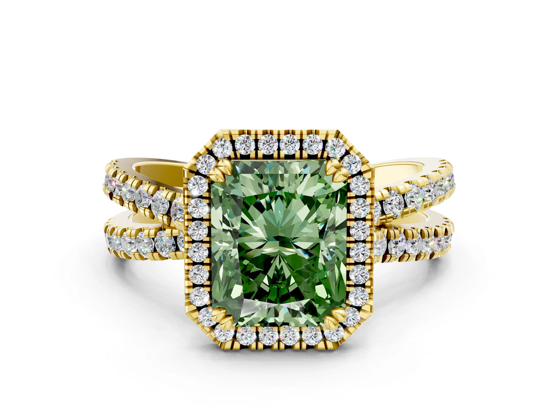 Yellow gold Fancy Green Radiant  Halo Split Shank Diamond Ring with Pavé Setting_26