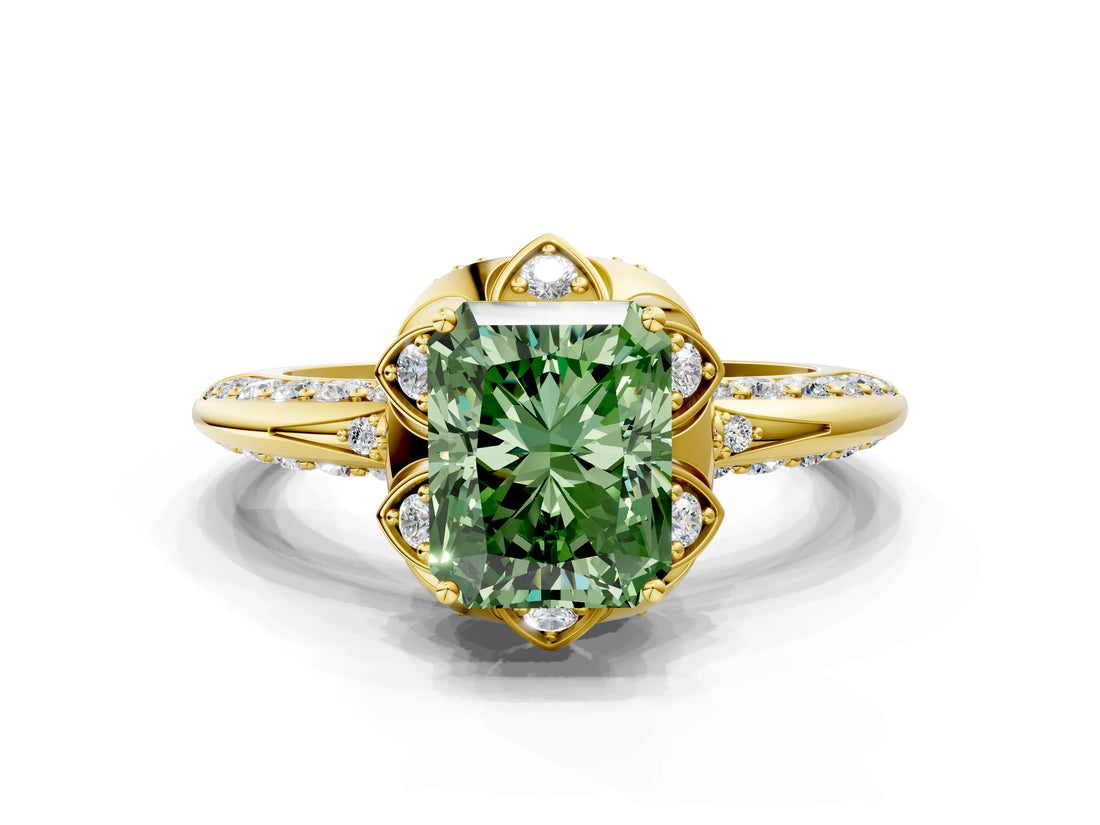 Yellow gold Fancy Green Radiant  Halo Split Shank Pave Diamond Ring with Petal Prong Setting_20