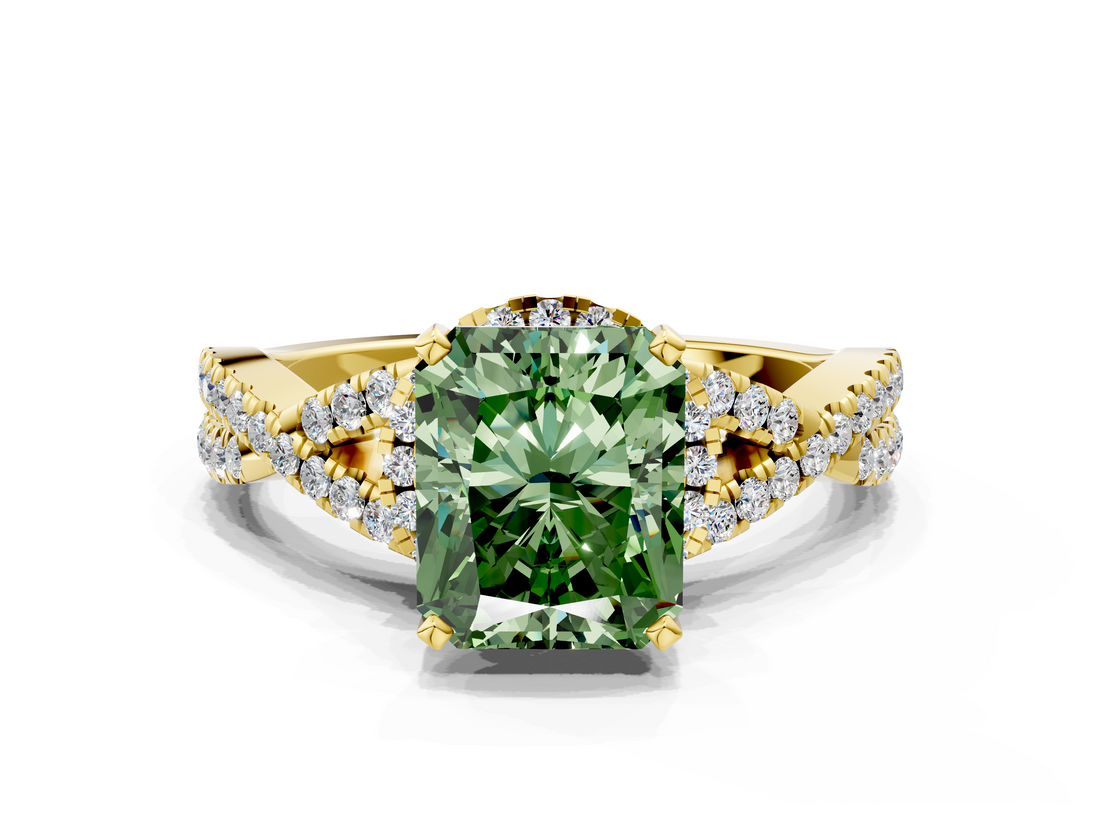 Yellow gold Fancy Green Radiant  Halo Twist Band Solitaire Prong Setting Ring_64