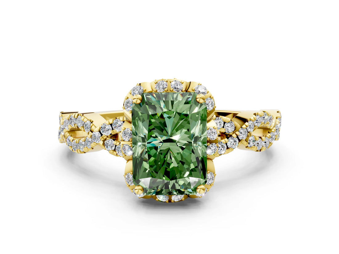 Yellow gold Fancy Green Radiant  Halo Twist Band Solitaire Ring with Six-Prong Setting_3