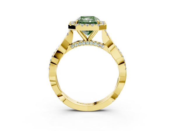 Yellow gold Fancy Green Radiant  Halo Twist Band Solitaire Ring