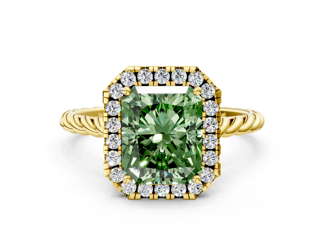 Yellow gold Fancy Green Radiant  Halo Twisted Band Four-Prong Diamond Ring_20