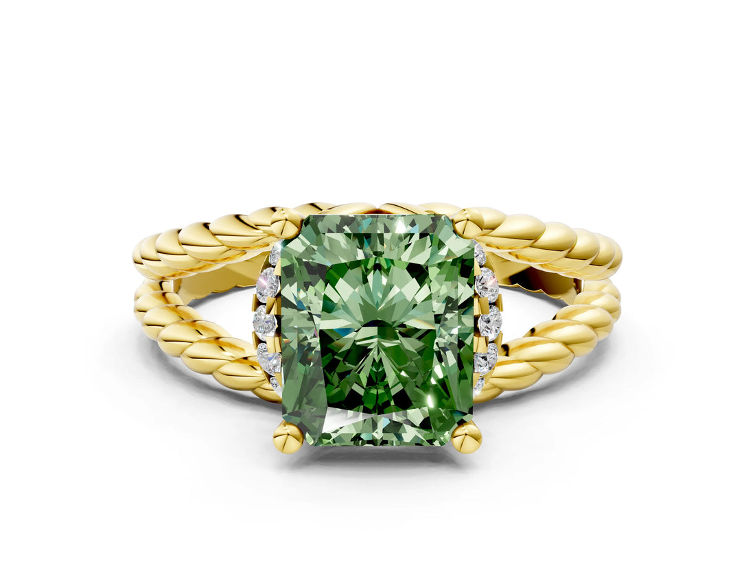 Yellow gold Fancy Green Radiant  Halo Twisted Band Four-Prong Ring_32