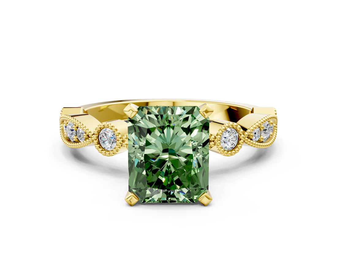 Yellow gold Fancy Green Radiant  Milgrain Bezel Diamond Engagement Ring with Solitaire Prong Setting_184