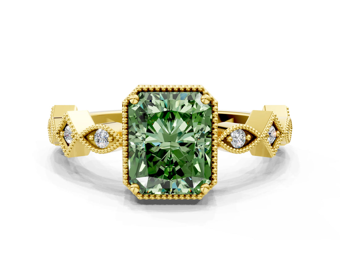Yellow gold Fancy Green Radiant  Milgrain Marquise Diamond Twist Band Ring_62