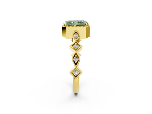 Yellow gold Fancy Green Radiant  Milgrain Marquise Diamond Twist Band Ring