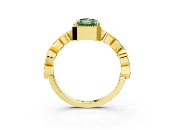Yellow gold Fancy Green Radiant  Milgrain Marquise Diamond Twist Band Ring