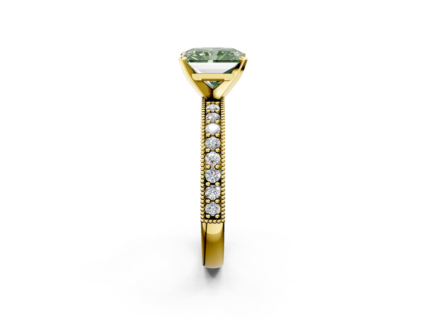 Yellow gold Fancy Green Radiant Cut Diamond Milgrain Pavé Engagement Ring with Four-Prong Setting