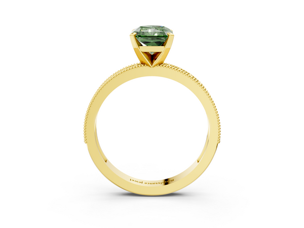 Yellow gold Fancy Green Radiant Cut Diamond Milgrain Pavé Engagement Ring with Four-Prong Setting
