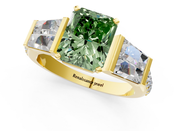 Yellow gold Fancy Green Radiant Cut Diamond Engagement Ring with Baguette Side Stones and Channel Set Band
