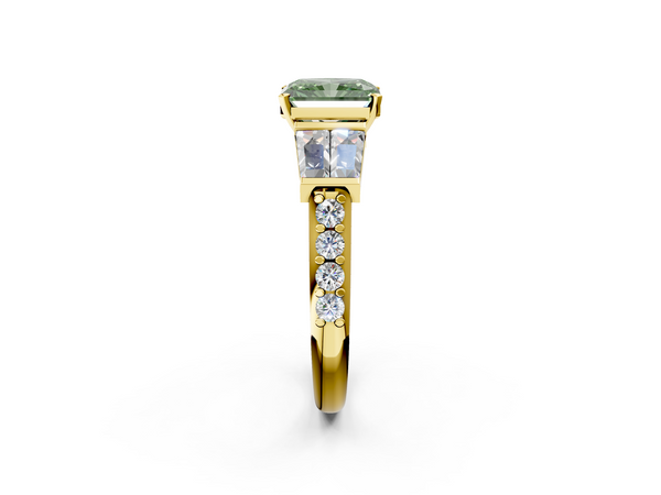 Yellow gold Fancy Green Radiant Cut Diamond Engagement Ring with Baguette Side Stones and Channel Set Band