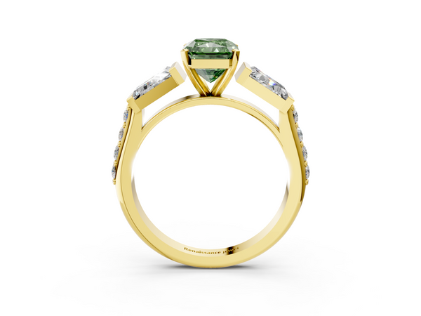 Yellow gold Fancy Green Radiant Cut Diamond Engagement Ring with Baguette Side Stones and Channel Set Band