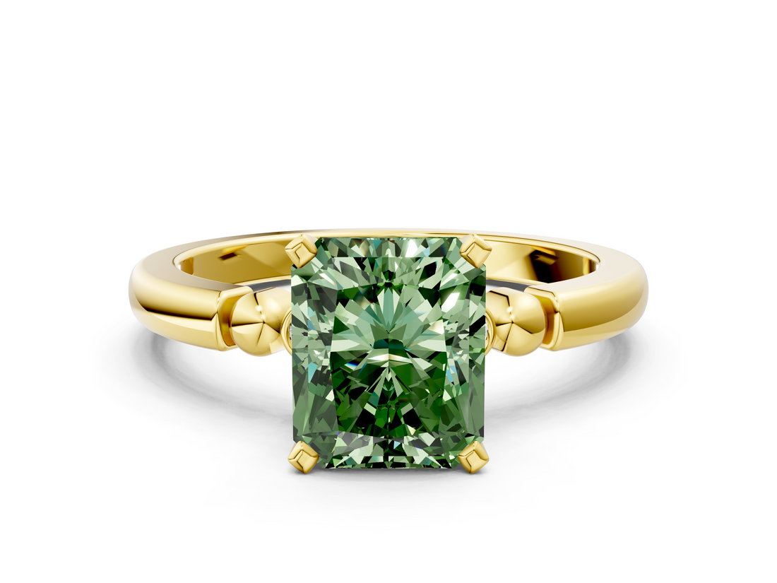 Yellow gold Fancy Green Radiant  Solitaire Beaded Band with Four-Prong Setting_30