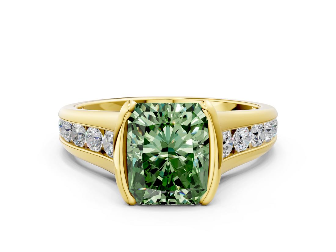 Yellow gold Fancy Green Radiant  Solitaire Bezel-Set Diamond Ring with Channel-Set Band_89