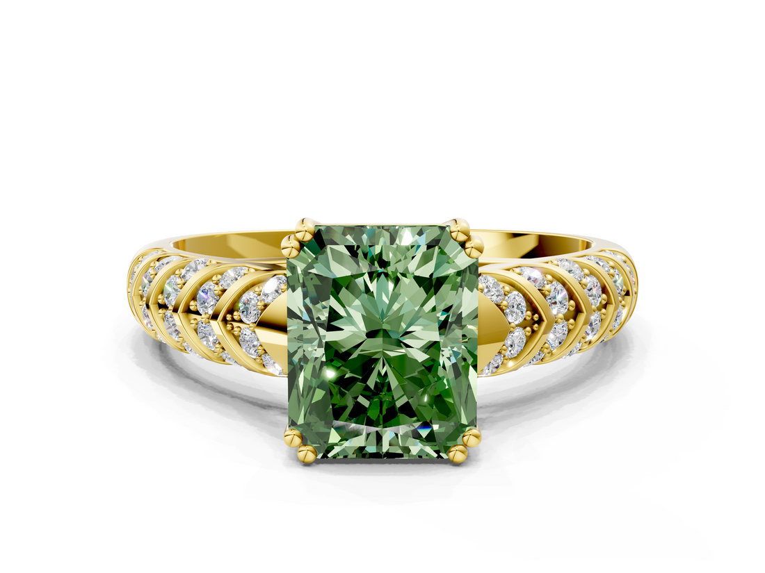 Yellow gold Fancy Green Radiant  Solitaire Chevron Pave Diamond Engagement Ring with Six-Prong Setting_3
