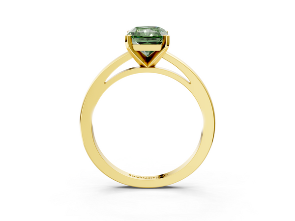 Yellow gold Fancy Green Radiant  Solitaire Diamond Engagement Ring with Four-Prong Setting on a Classic Band
