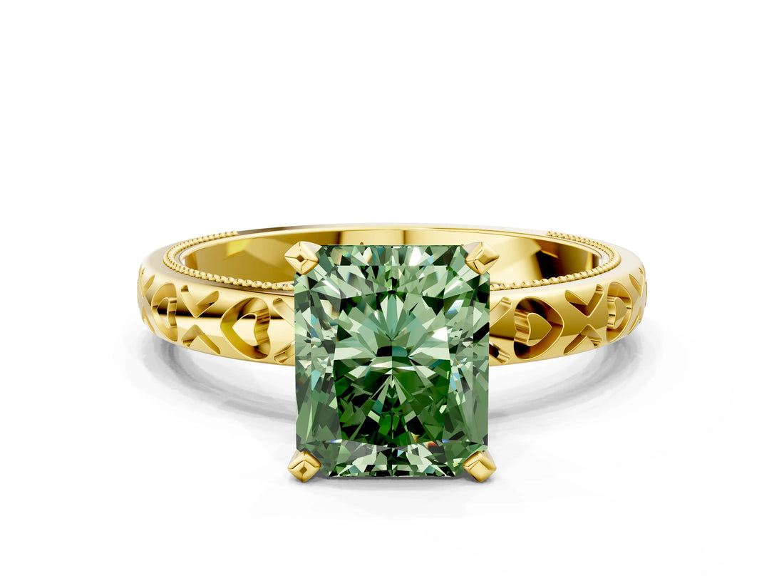 Yellow gold Fancy Green Radiant  Solitaire Diamond Engagement Ring with XO Engraved Band and Four-Prong Setting 1